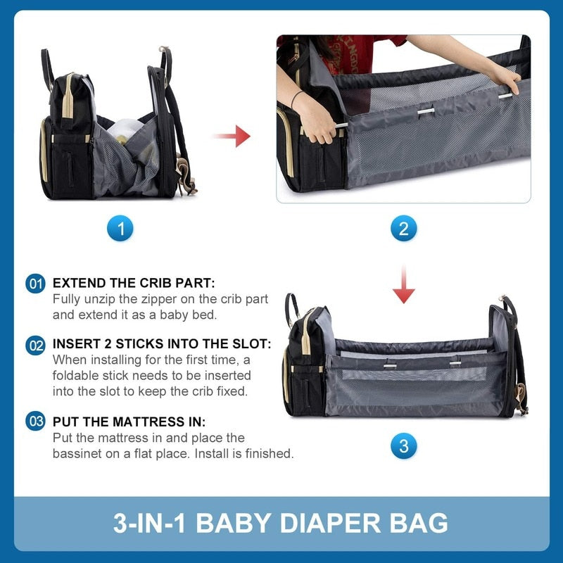 Fashionable Folding Baby Bed Large Capacity Portable Milk Bottle Diaper Double Shoulder Bag